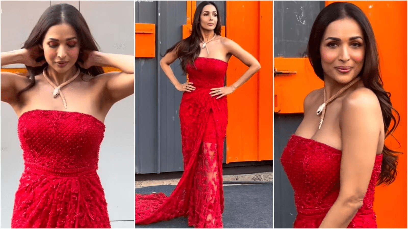 Malaika Arora Stuns in Red Lace Gown, but Her Snake Necklace Steals the Show