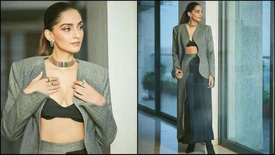 Sonam Kapoor showcases her fashion expertise in a stylish blazer-skirt ensemble.